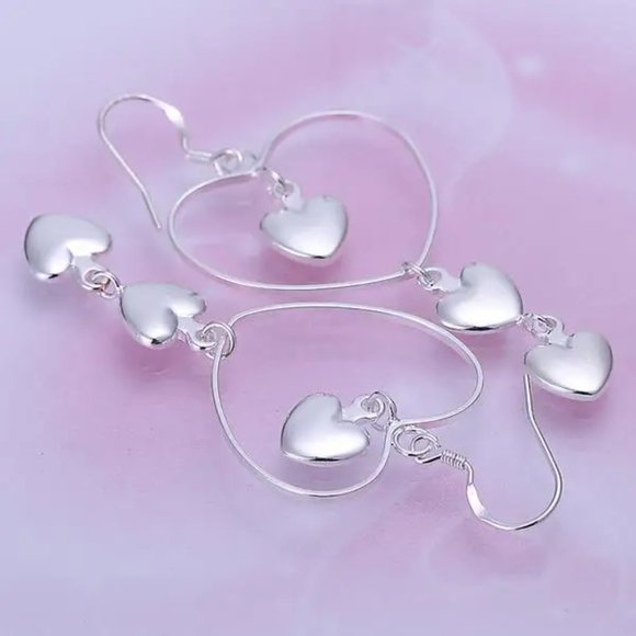 Beautiful Hanging Heart's Earring's Solid Sterling Silver " Hypoallergenic " - Picture 2 of 5